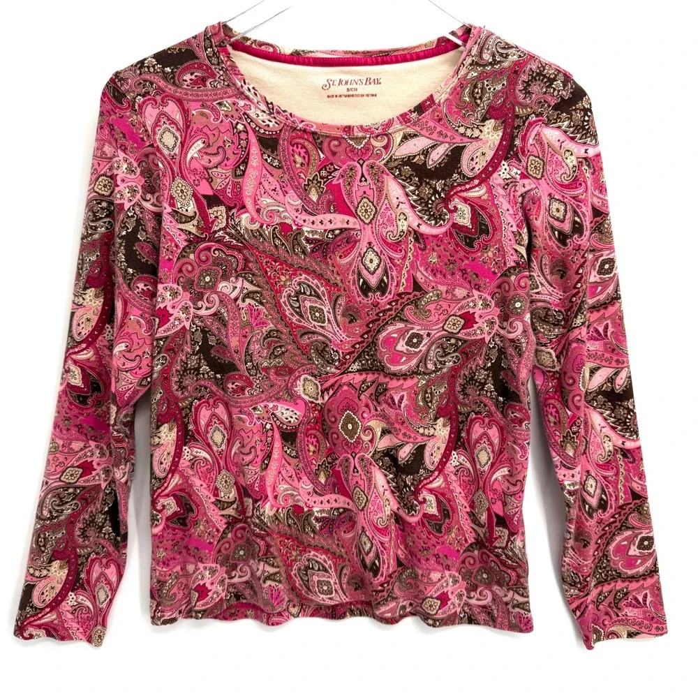 Y2K Pink Brown Paisley Long Sleeve Cotton Top Size S Boho Whimsigoth Hippie - Picture 1 of 9
